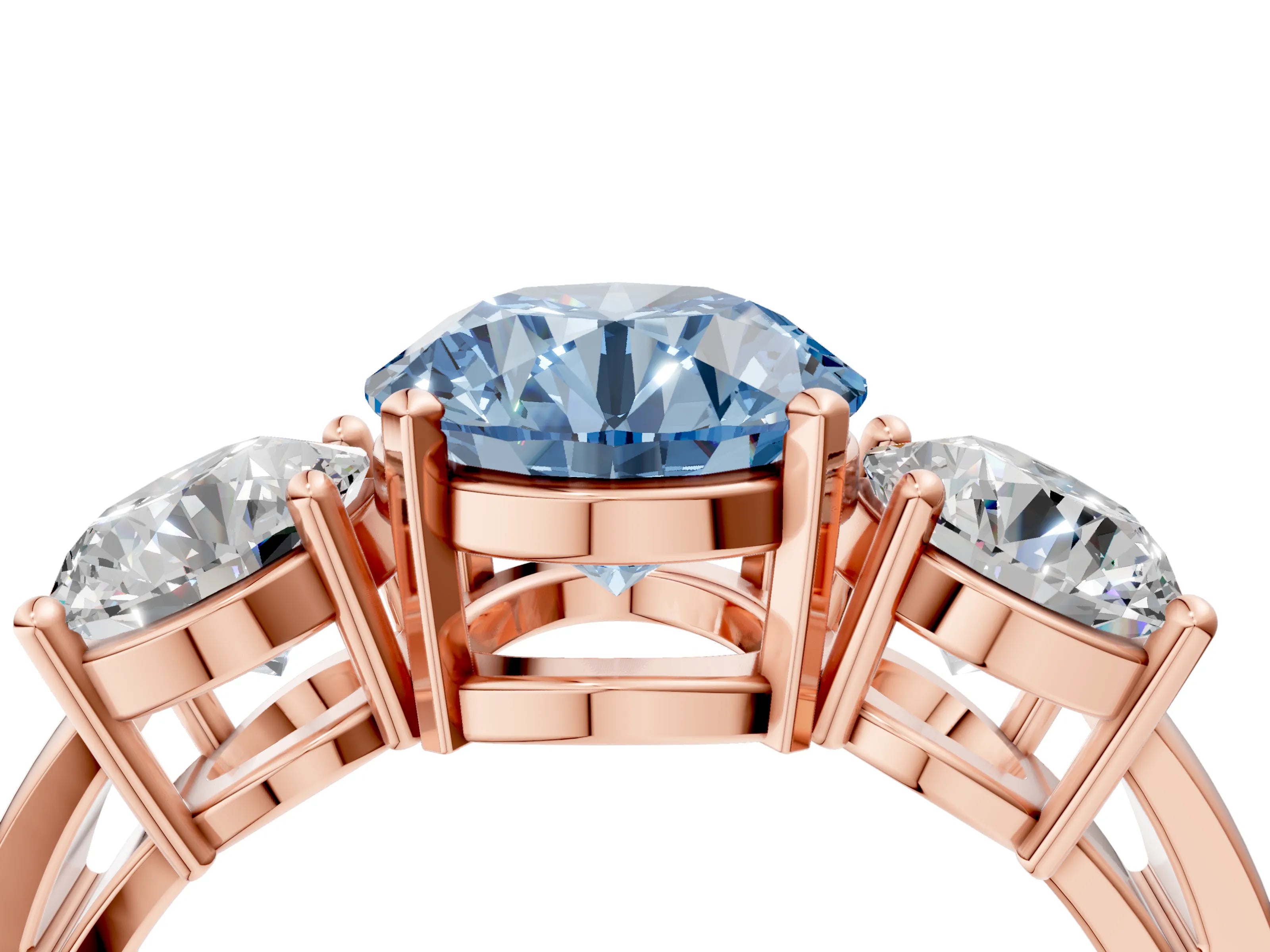 Rose gold Three-Stone Fancy Blue Round Cut Diamond Ring with Round Side Stones, Classic Band, and Four-Prong Setting_4