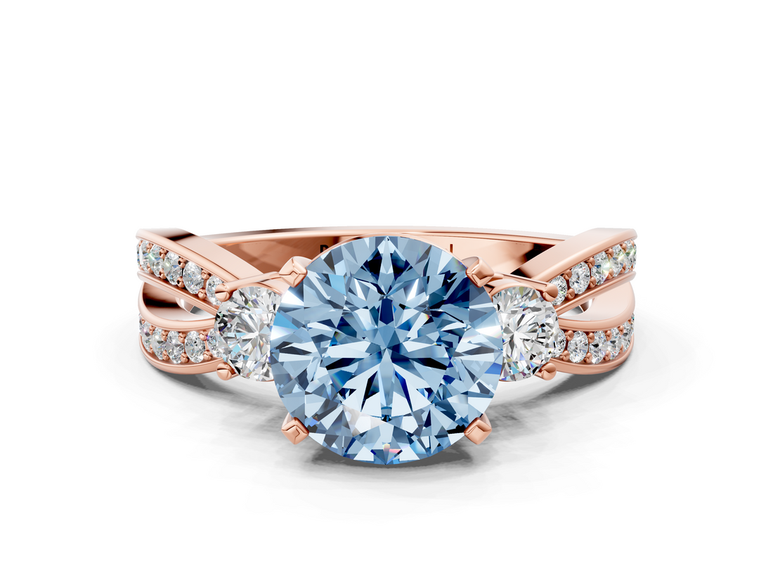 Rose gold Three-Stone Fancy Blue Round  Cut Diamond Twist Band with Prong Setting_56