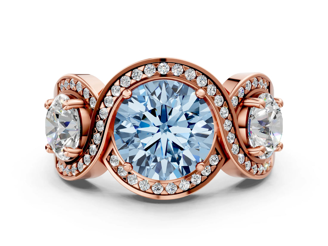 Rose gold Three-Stone Fancy Blue Round Cut Diamond Wave Pave Band with Prong Setting