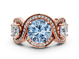 Rose gold Three-Stone Fancy Blue Round Cut Diamond Wave Pave Band with Prong Setting
