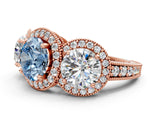 Rose gold Three-Stone Fancy Blue Round Cut Halo Diamond Milgrain Band with Four-Prong Setting