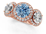 Rose gold Three-Stone Fancy Blue Round Cut Halo Diamond Milgrain Band with Four-Prong Setting_1
