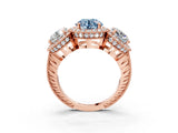 Rose gold Three-Stone Fancy Blue Round Cut Halo Diamond Milgrain Band with Four-Prong Setting_3