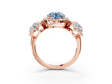 Rose gold Three-Stone Fancy Blue Round Cut Halo Diamond Ring with Pave Band and Four-Prong Setting_3