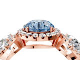 Rose gold Three-Stone Fancy Blue Round Cut Halo Diamond Ring with Pave Band and Four-Prong Setting_4