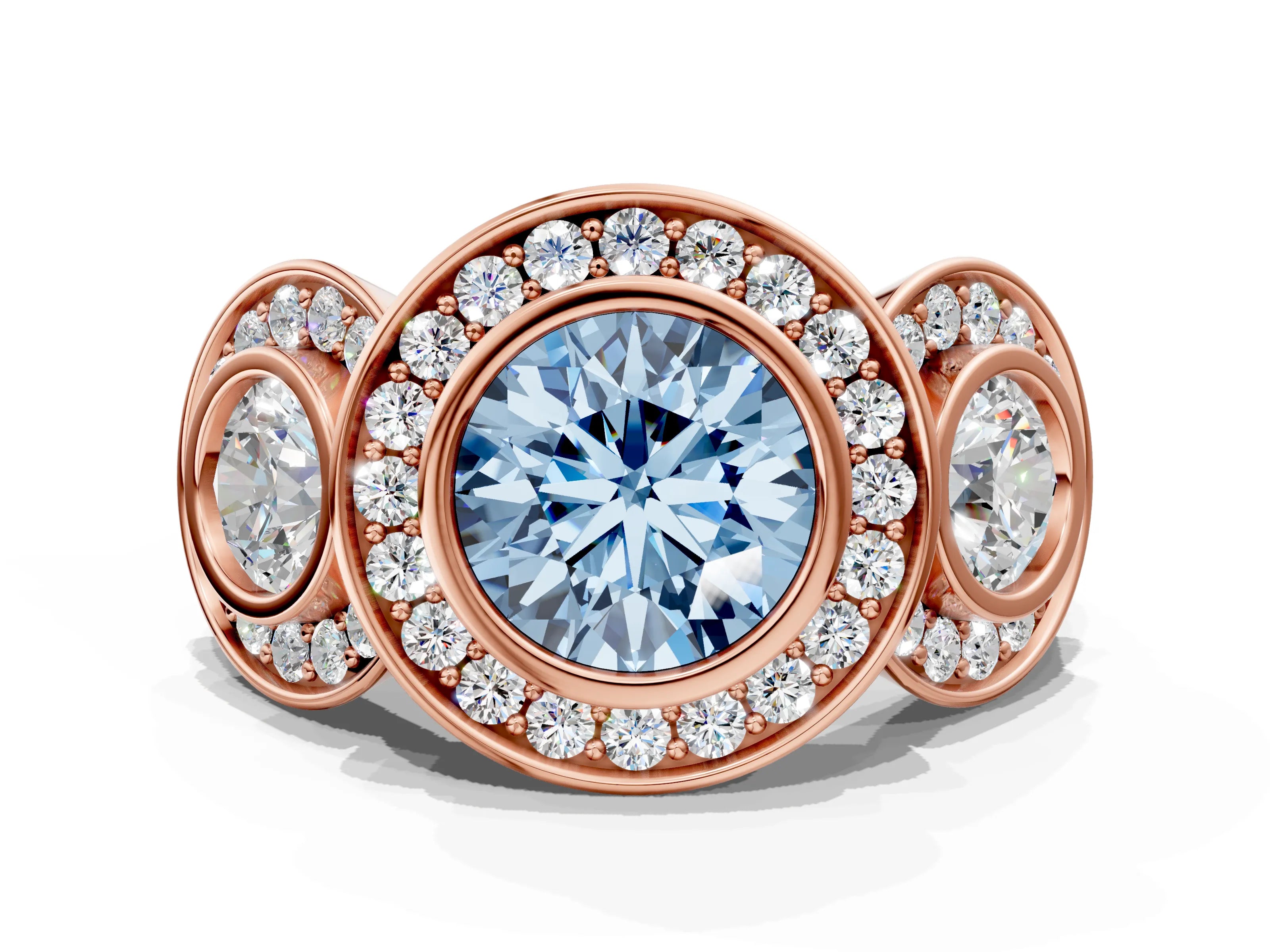 Rose gold Three-Stone Fancy Blue Round Cut Halo Pavé Diamond Ring