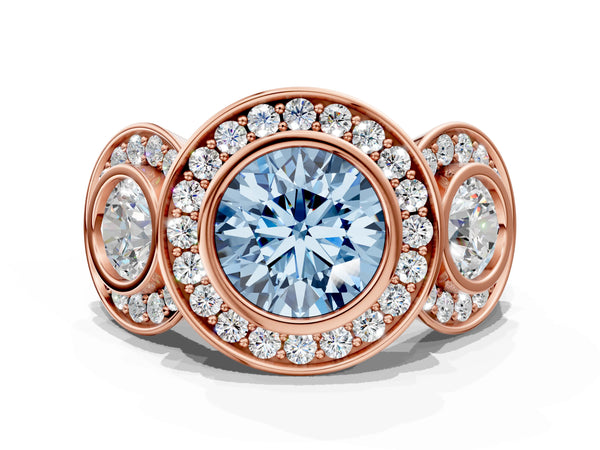 Rose gold Three-Stone Fancy Blue Round Cut Halo Pavé Diamond Ring