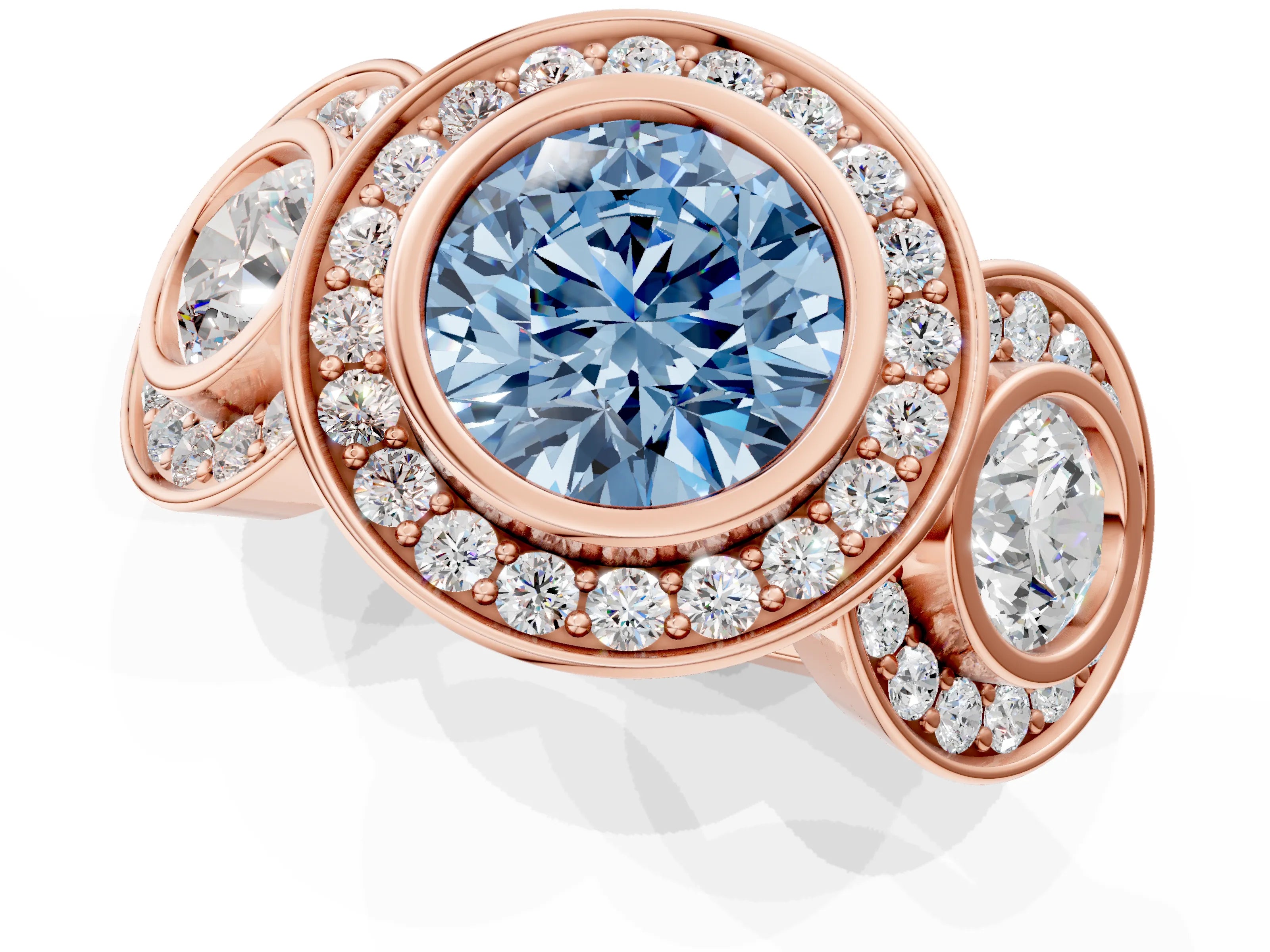 Rose gold Three-Stone Fancy Blue Round Cut Halo Pavé Diamond Ring_1