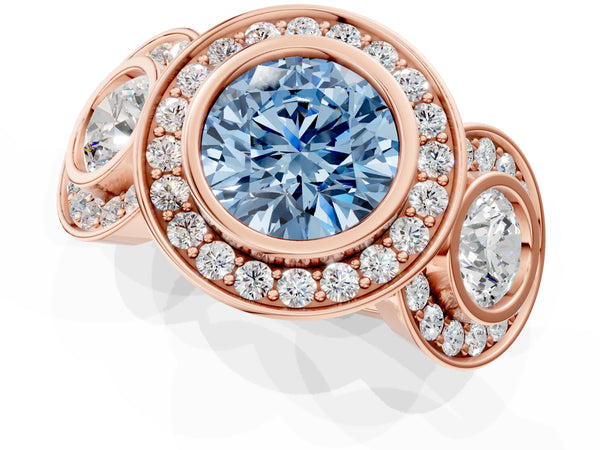 Rose gold Three-Stone Fancy Blue Round Cut Halo Pavé Diamond Ring