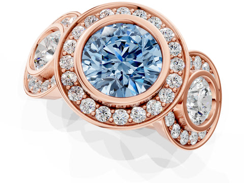 Rose gold Three-Stone Fancy Blue Round Cut Halo Pavé Diamond Ring_1