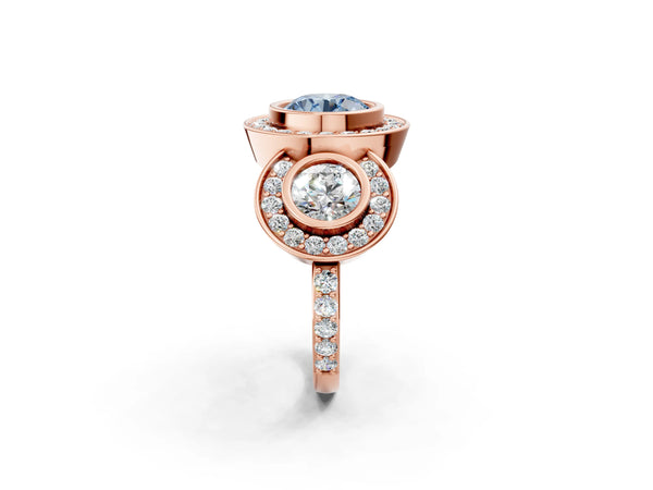 Rose gold Three-Stone Fancy Blue Round Cut Halo Pavé Diamond Ring