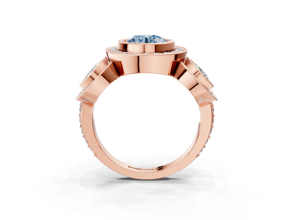 Rose gold Three-Stone Fancy Blue Round Cut Halo Pavé Diamond Ring