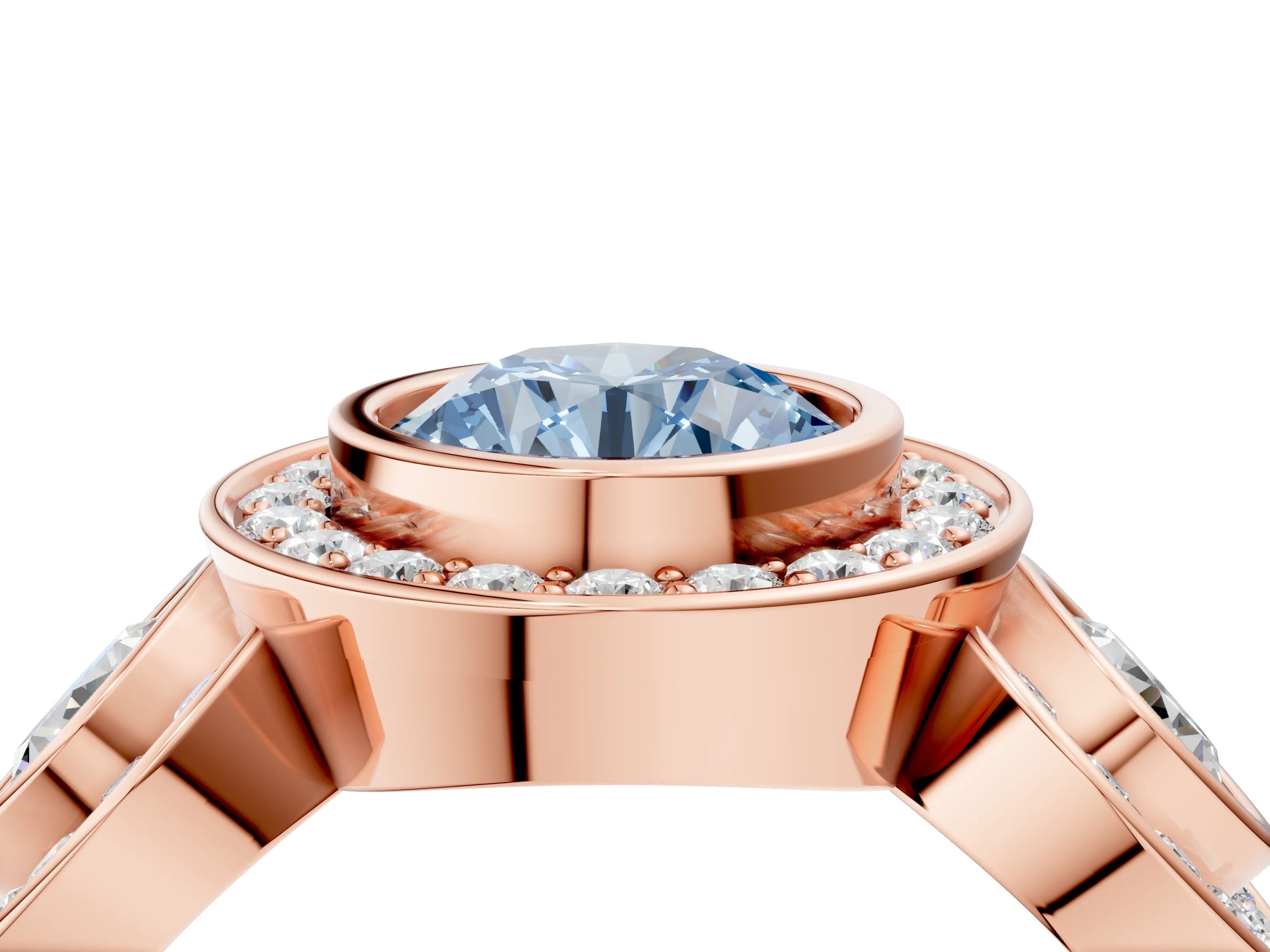 Rose gold Three-Stone Fancy Blue Round Cut Halo Pavé Diamond Ring_4