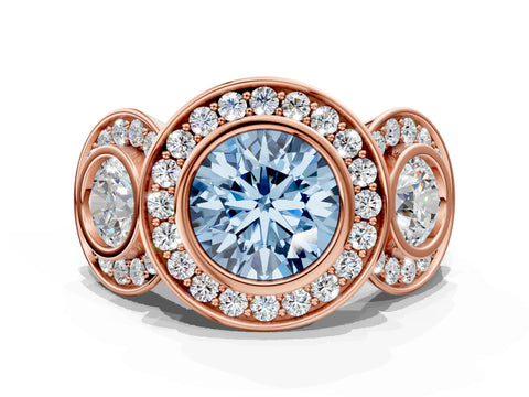 Rose gold Three-Stone Fancy Blue Round Cut Halo Pavé Diamond Ring