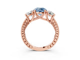 Rose gold Three-Stone Fancy Blue Round  Diamond Milgrain Pave Band with Prong Setting 3