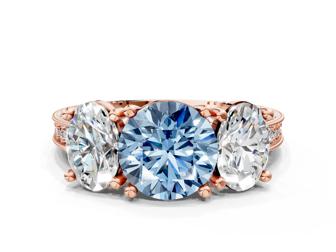 Rose gold Three-Stone Fancy Blue Round  Diamond Milgrain Pave Band with Prong Setting