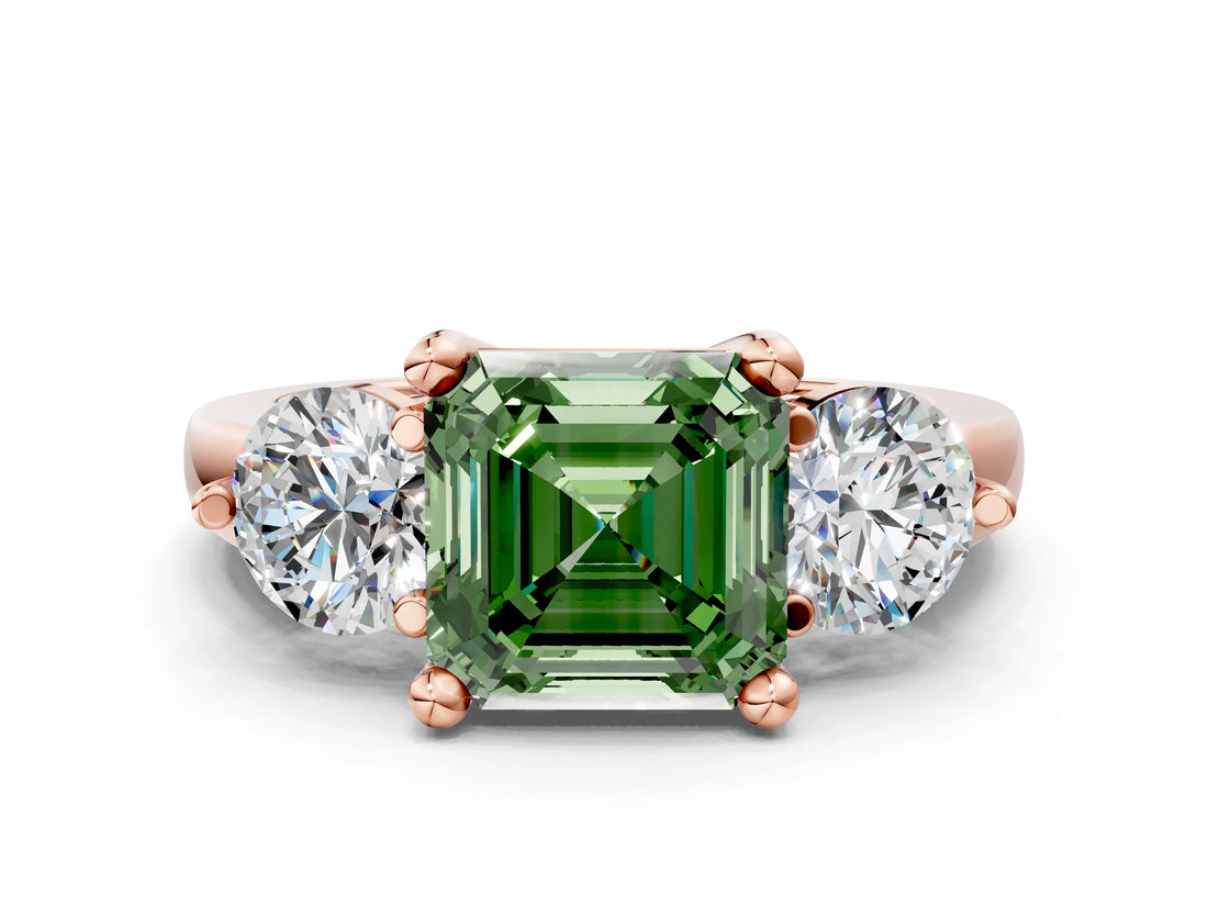 Rose gold Three-Stone Fancy Green Asscher  Brilliant Cut Solitaire Ring with Prong Setting on a Classic Band 2
