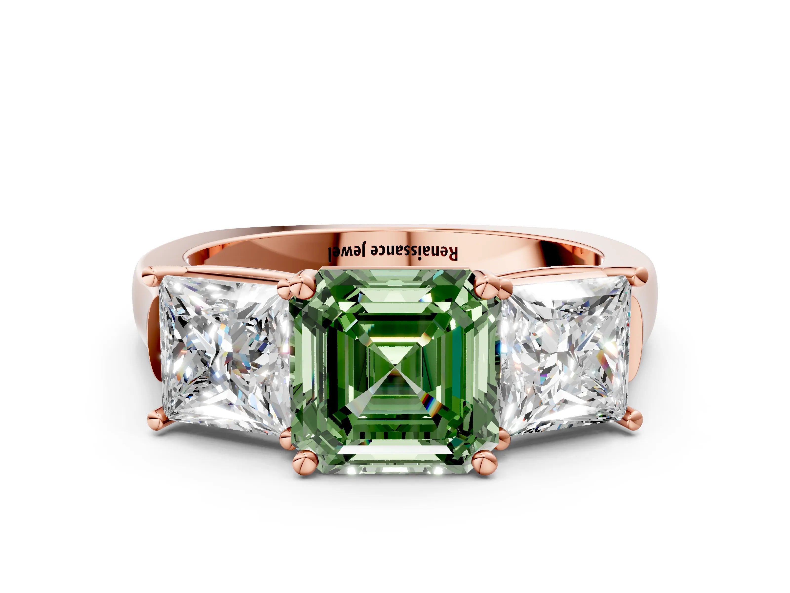 Rose gold Three-Stone Fancy Green Asscher Cut Brilliant Diamond Trellis Ring with Comfort Fit Band