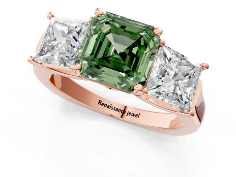 Rose gold Three-Stone Fancy Green Asscher Cut Brilliant Diamond Trellis Ring with Comfort Fit Band_1