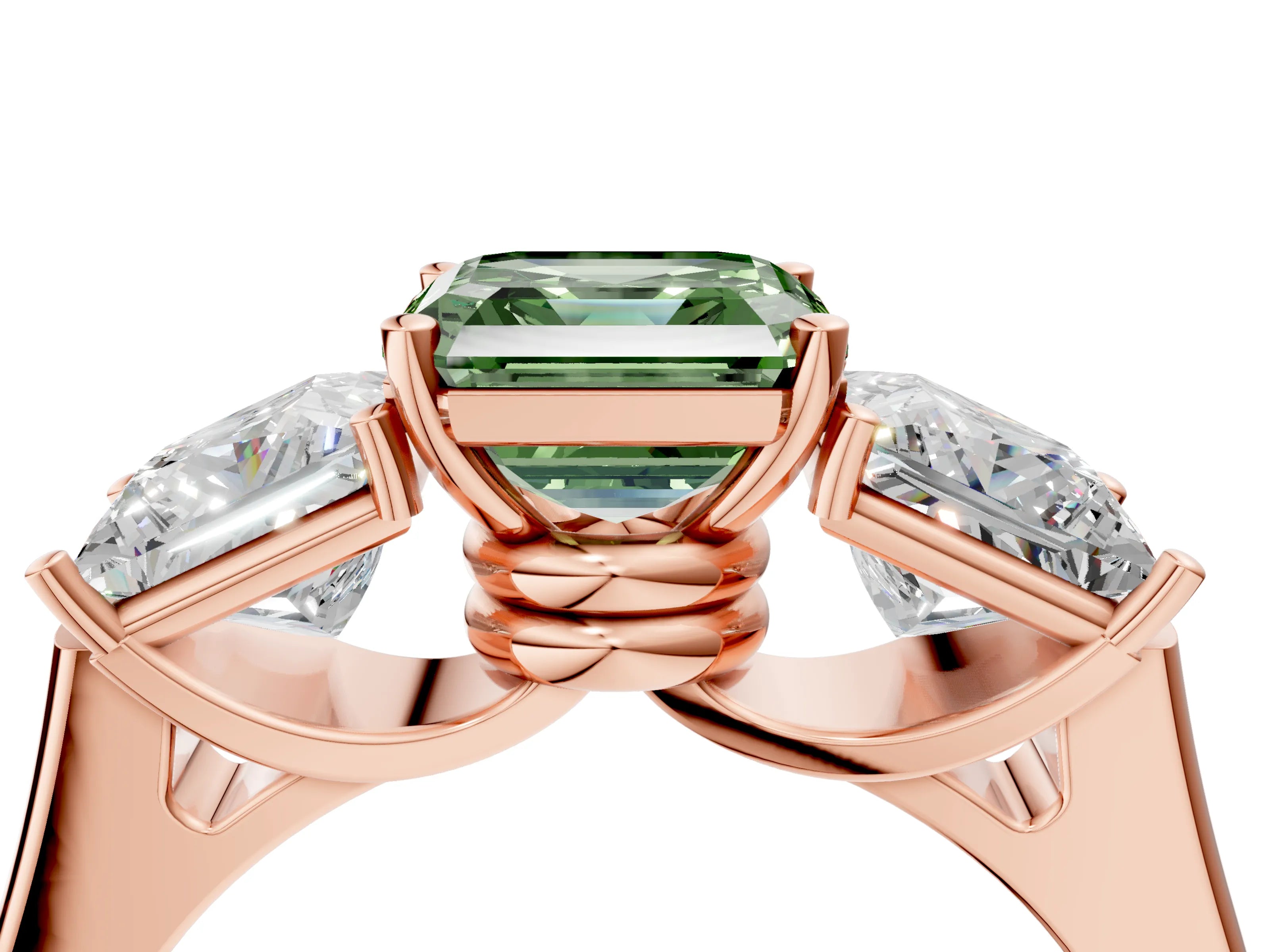 Rose gold Three-Stone Fancy Green Asscher Cut Brilliant Diamond Trellis Ring with Comfort Fit Band_4