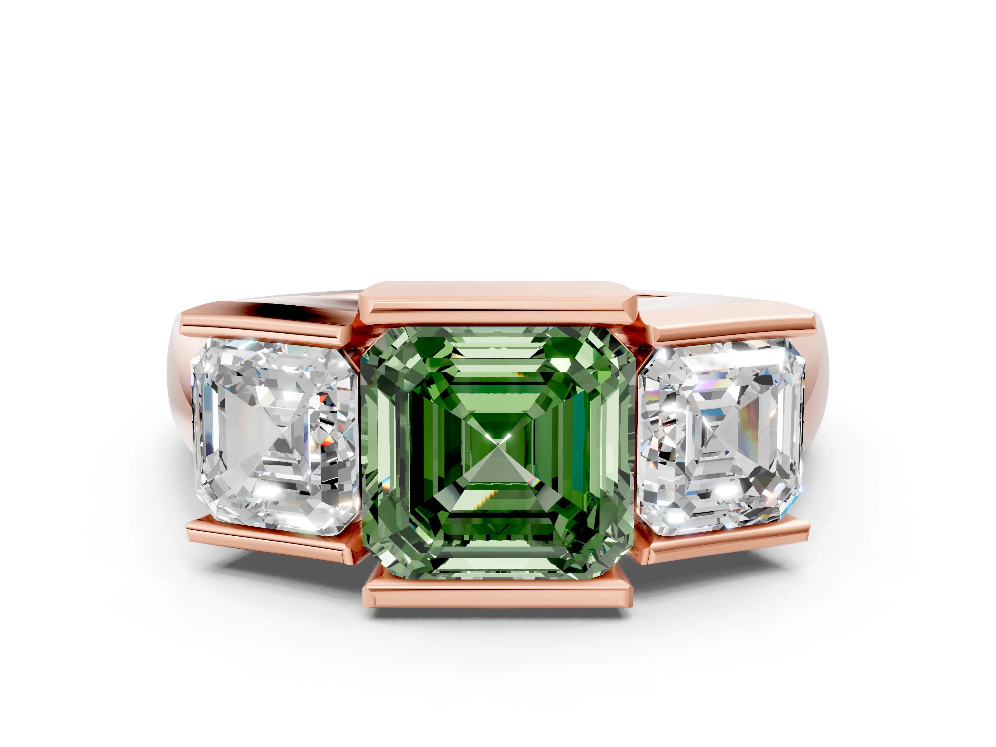 Rose gold Three Stone Fancy Green Asscher Cut Cut Channel Set Diamond Ring
