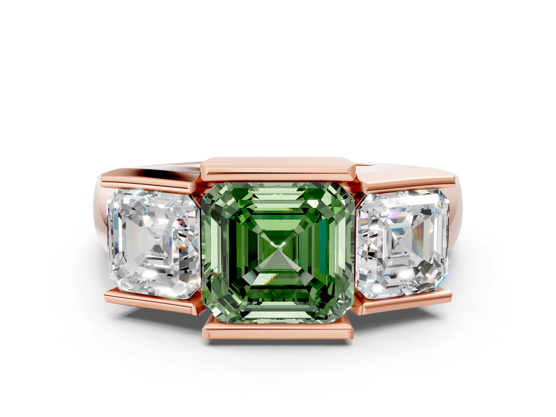 Rose gold Three Stone Fancy Green Asscher Cut Cut Channel Set Diamond Ring
