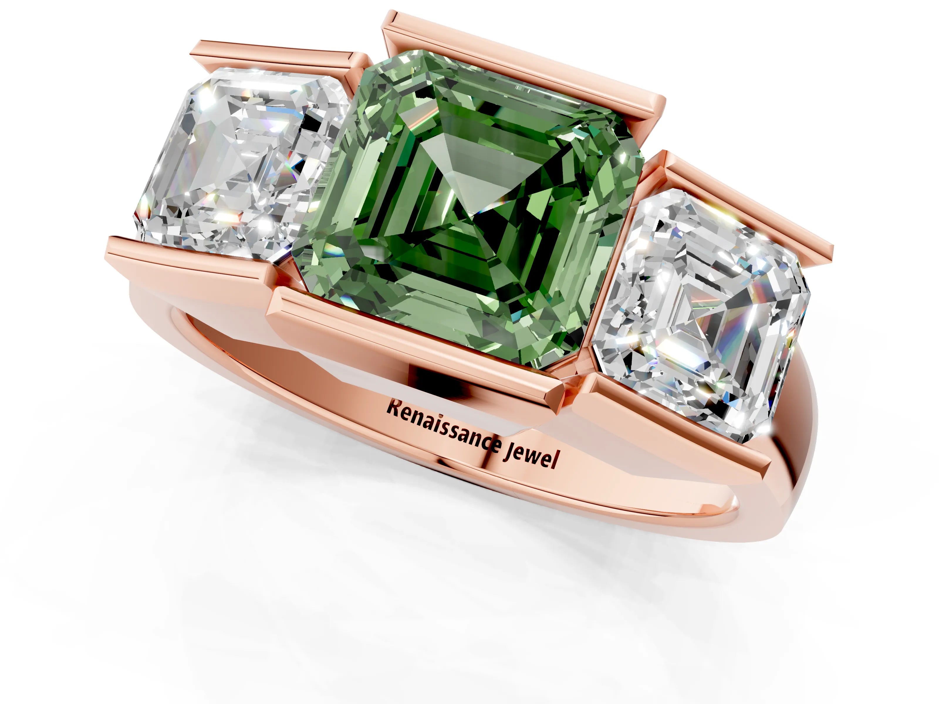 Rose gold Three Stone Fancy Green Asscher Cut Cut Channel Set Diamond Ring_1