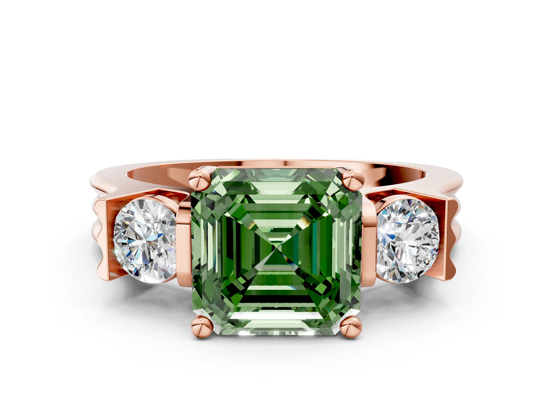 Rose gold Three-Stone Fancy Green Asscher Cut Cut Classic Band Prong Setting Ring