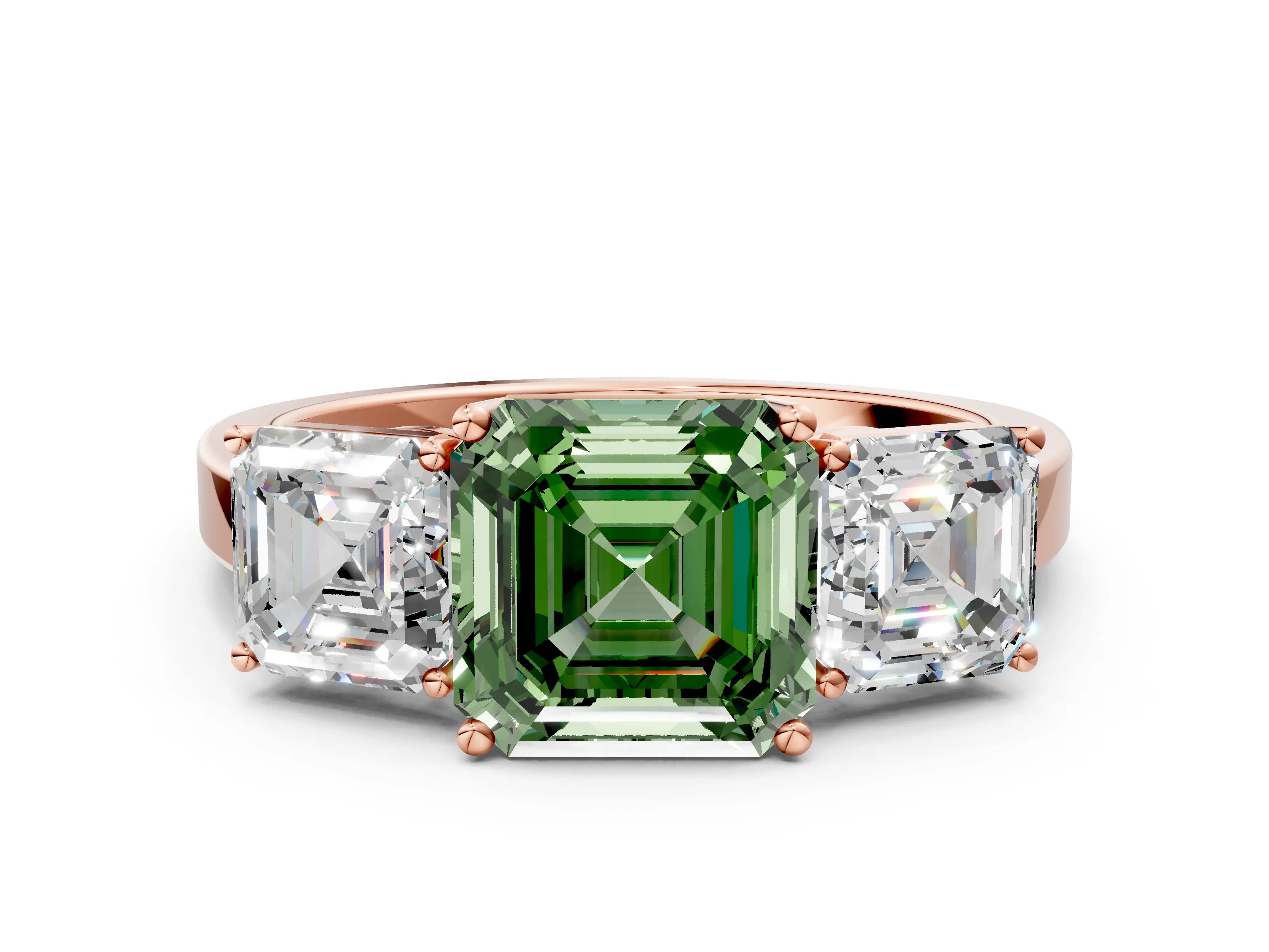 Rose gold Three-Stone Fancy Green Asscher Cut Cut Diamond Engagement Ring with Flat Band and Four-Prong Setting