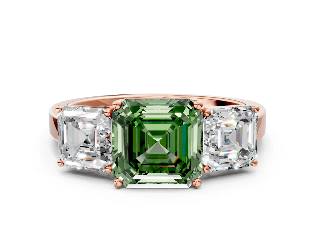 Rose gold Three-Stone Fancy Green Asscher Cut Cut Diamond Engagement Ring with Flat Band and Four-Prong Setting_12