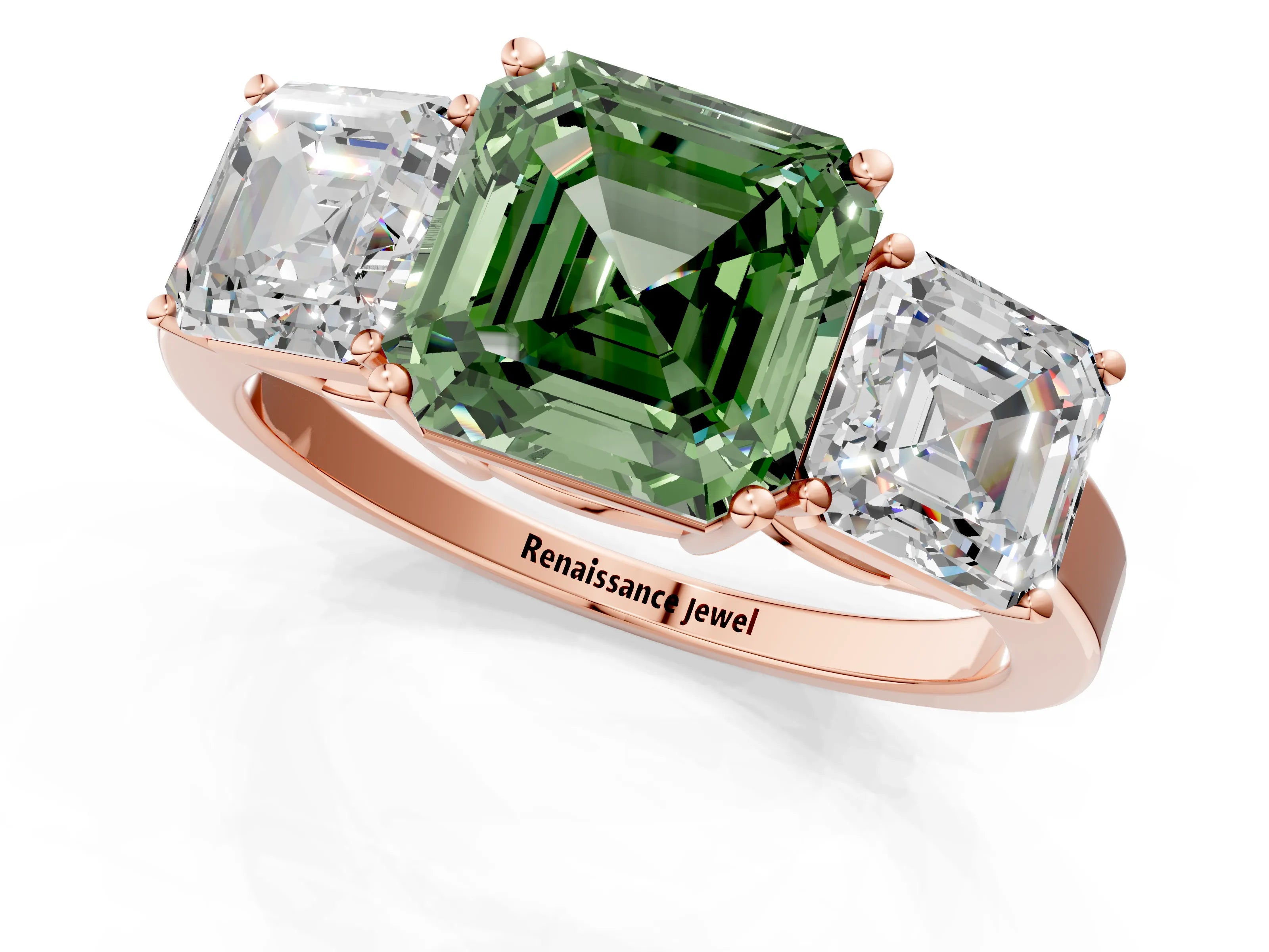 Rose gold Three-Stone Fancy Green Asscher Cut Cut Diamond Engagement Ring with Flat Band and Four-Prong Setting_13