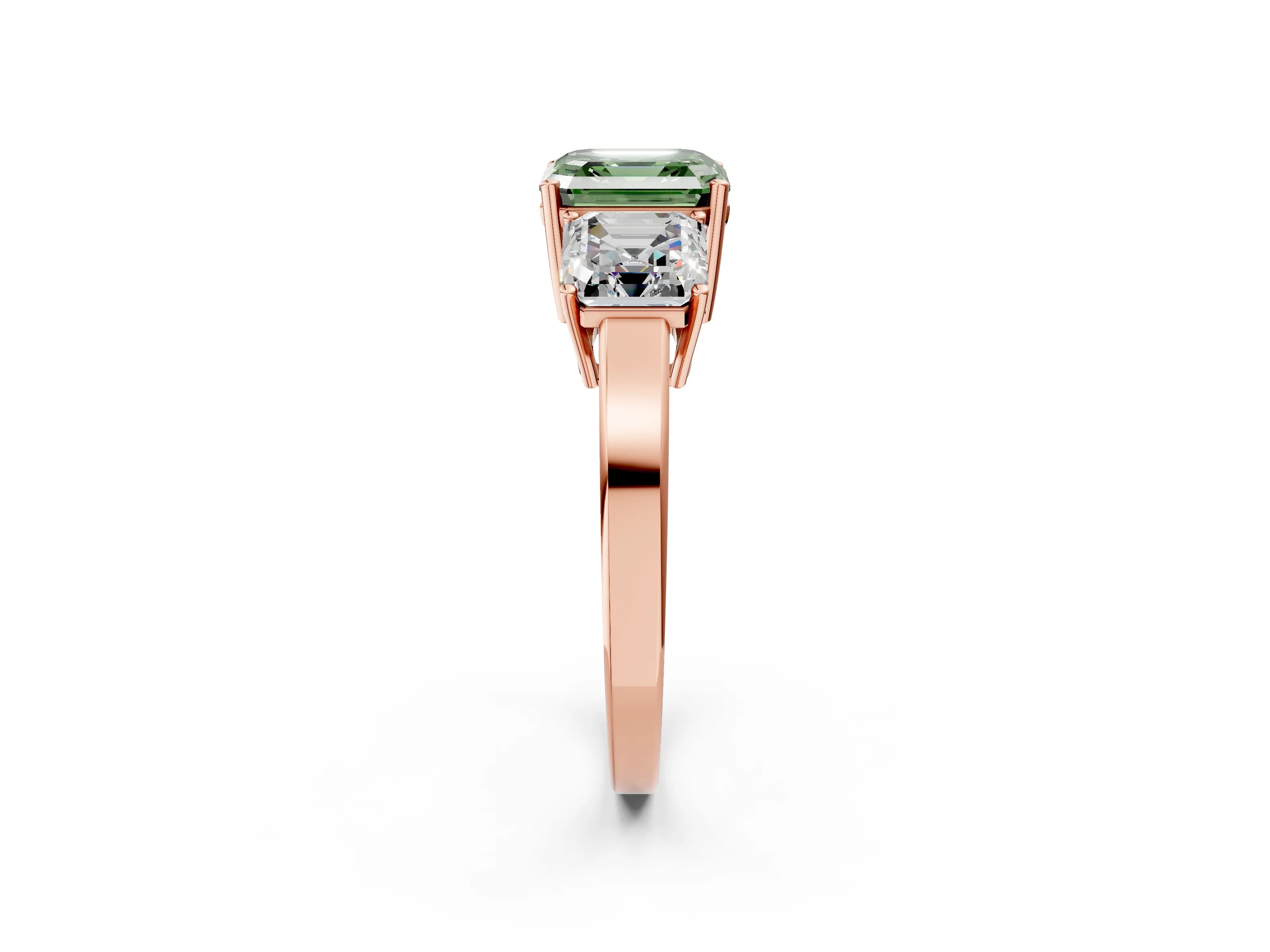 Rose gold Three-Stone Fancy Green Asscher Cut Cut Diamond Engagement Ring with Flat Band and Four-Prong Setting_14