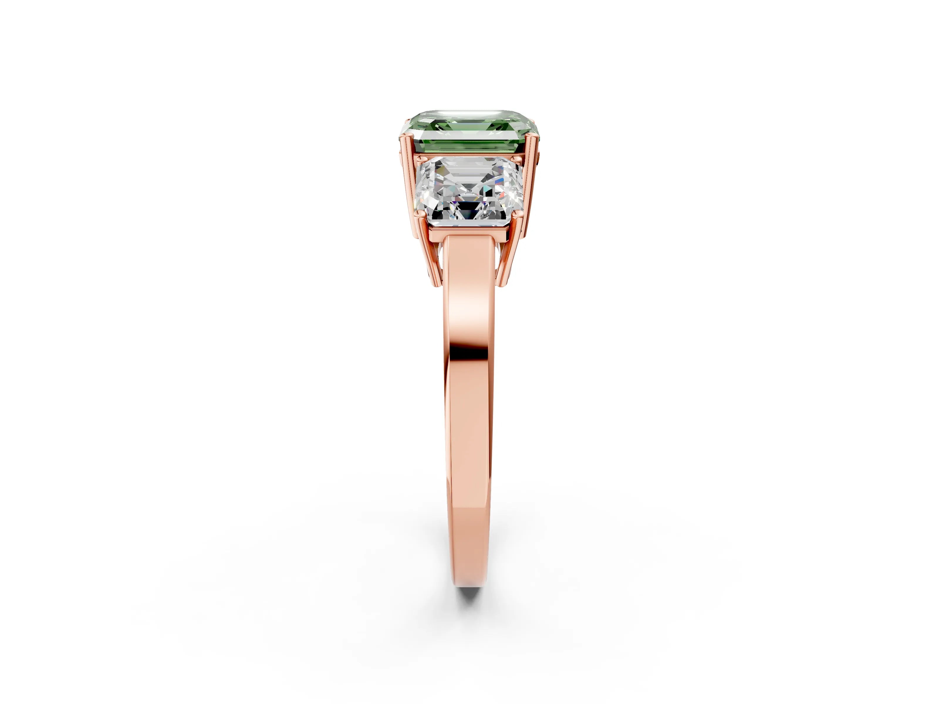 Rose gold Three-Stone Fancy Green Asscher Cut Cut Diamond Engagement Ring with Flat Band and Four-Prong Setting_2
