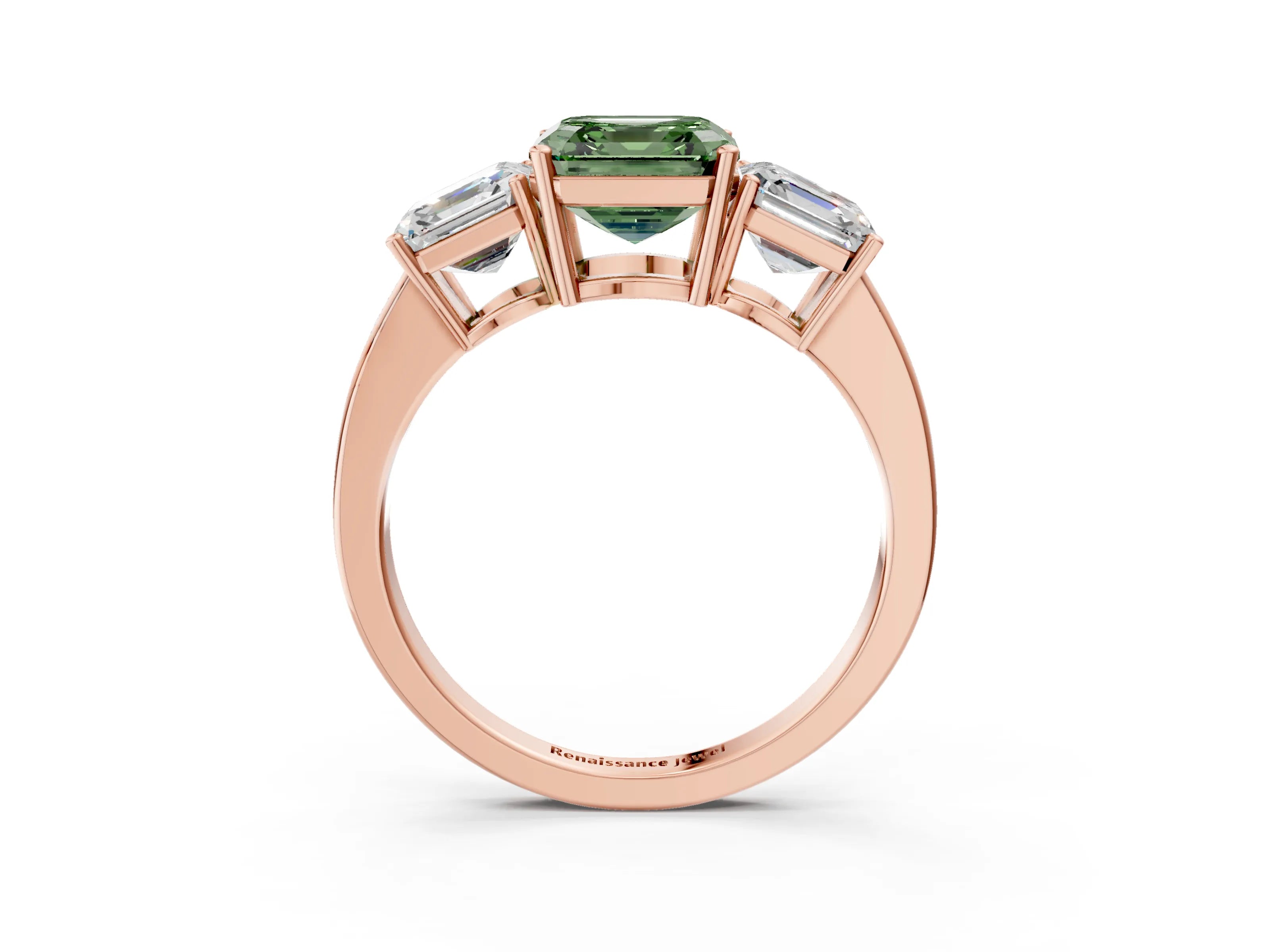 Rose gold Three-Stone Fancy Green Asscher Cut Cut Diamond Engagement Ring with Flat Band and Four-Prong Setting_3