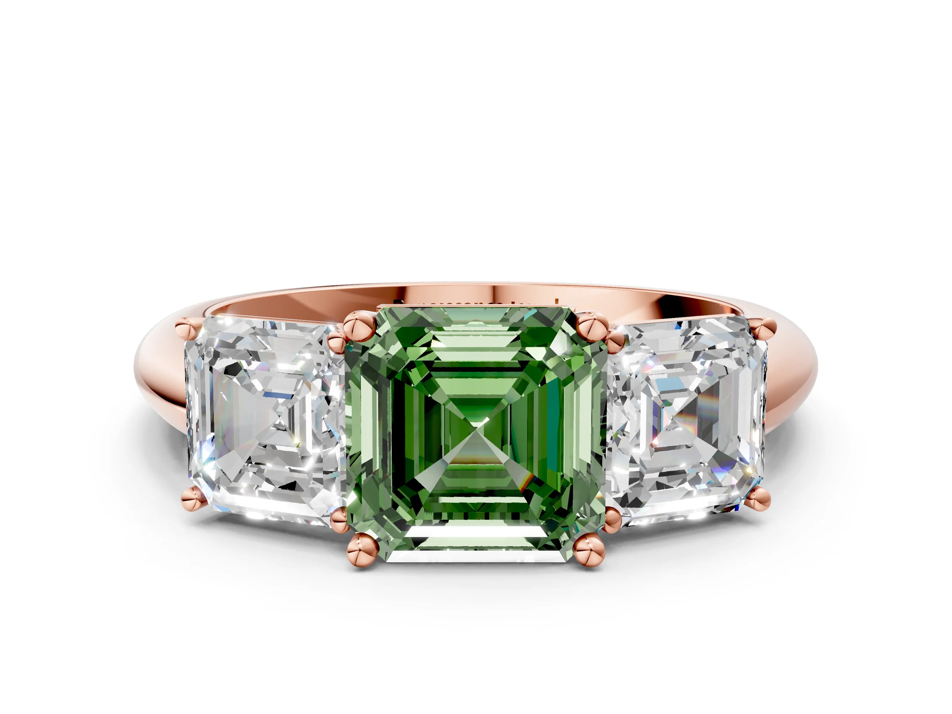 Rose gold Three-Stone Fancy Green Asscher Cut Cut Diamond Engagement Ring with Prong Setting on a White Gold Band