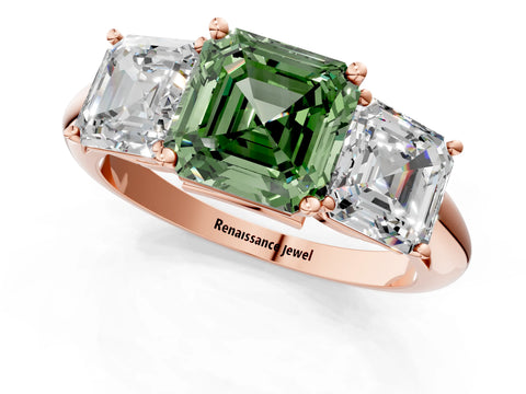 Rose gold Three-Stone Fancy Green Asscher Cut Cut Diamond Engagement Ring with Prong Setting on a White Gold Band_1