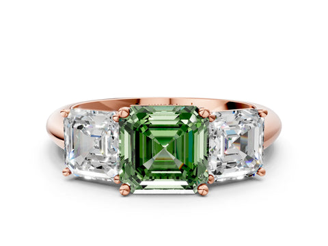 Rose gold Three-Stone Fancy Green Asscher Cut Cut Diamond Engagement Ring with Prong Setting on a White Gold Band