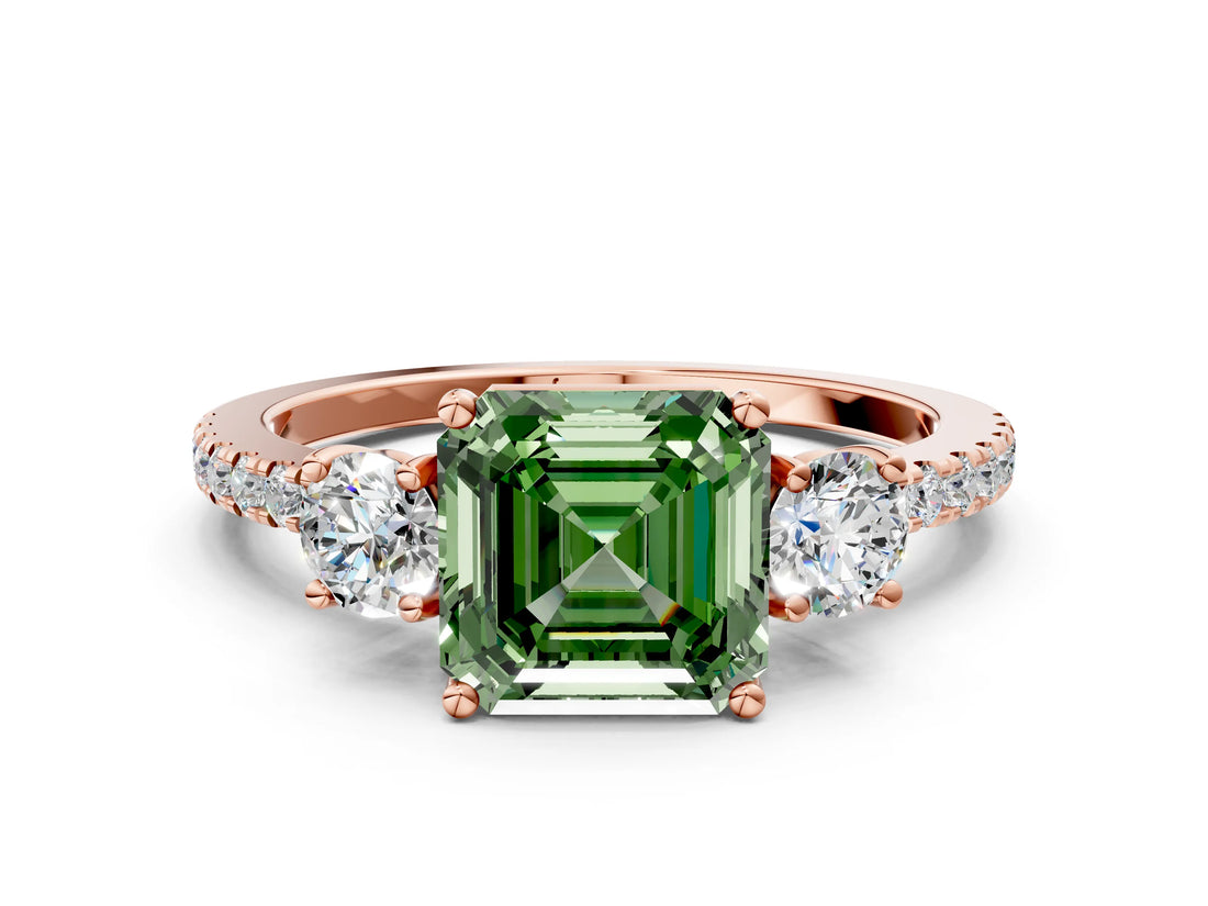 Rose gold Three-Stone Fancy Green Asscher Cut Cut Diamond Pavé Band with Prong Setting_15