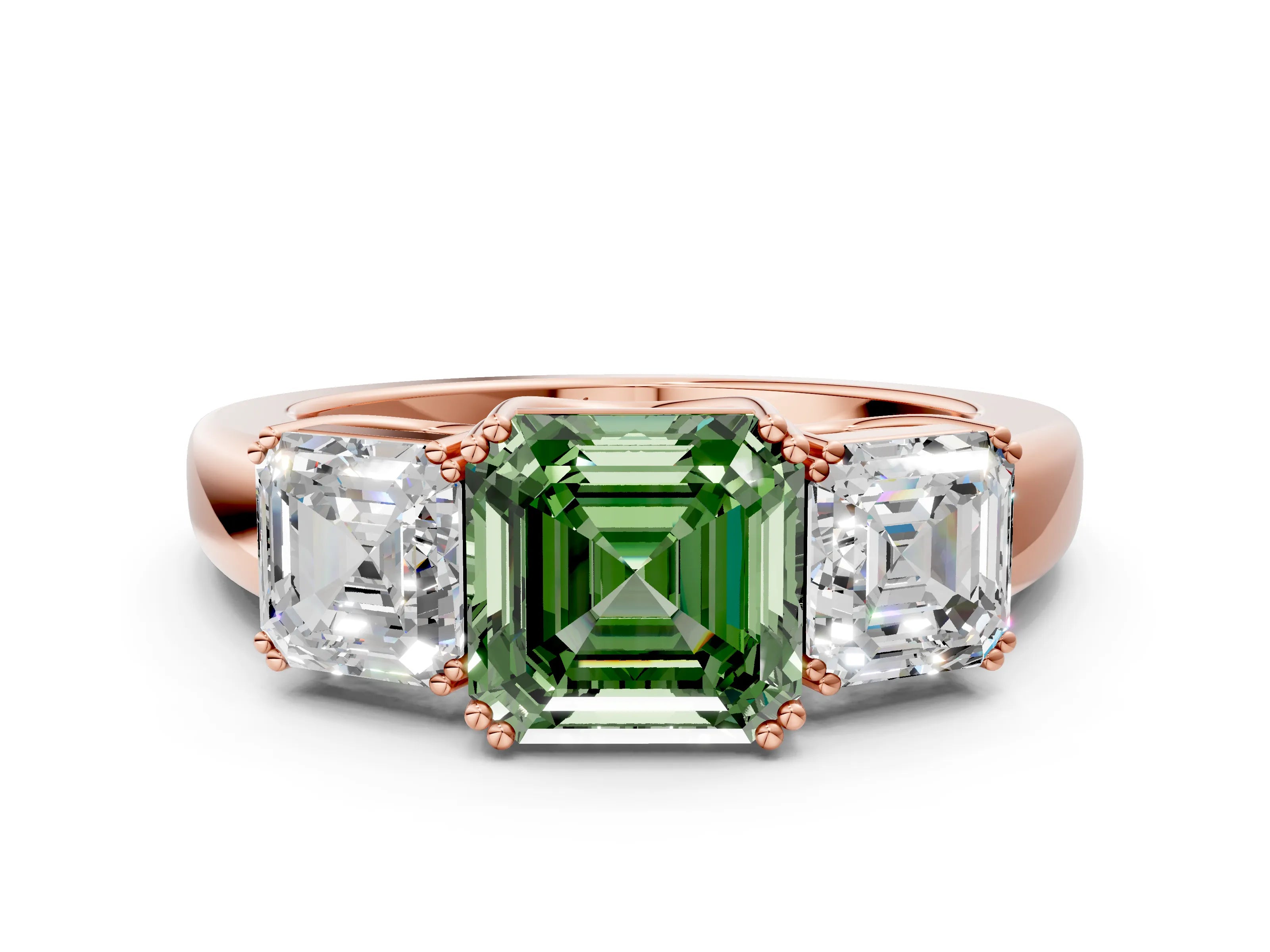 Rose gold Three-Stone Fancy Green Asscher Cut Cut Diamond Ring with Channel Set Band and Four-Prong Setting