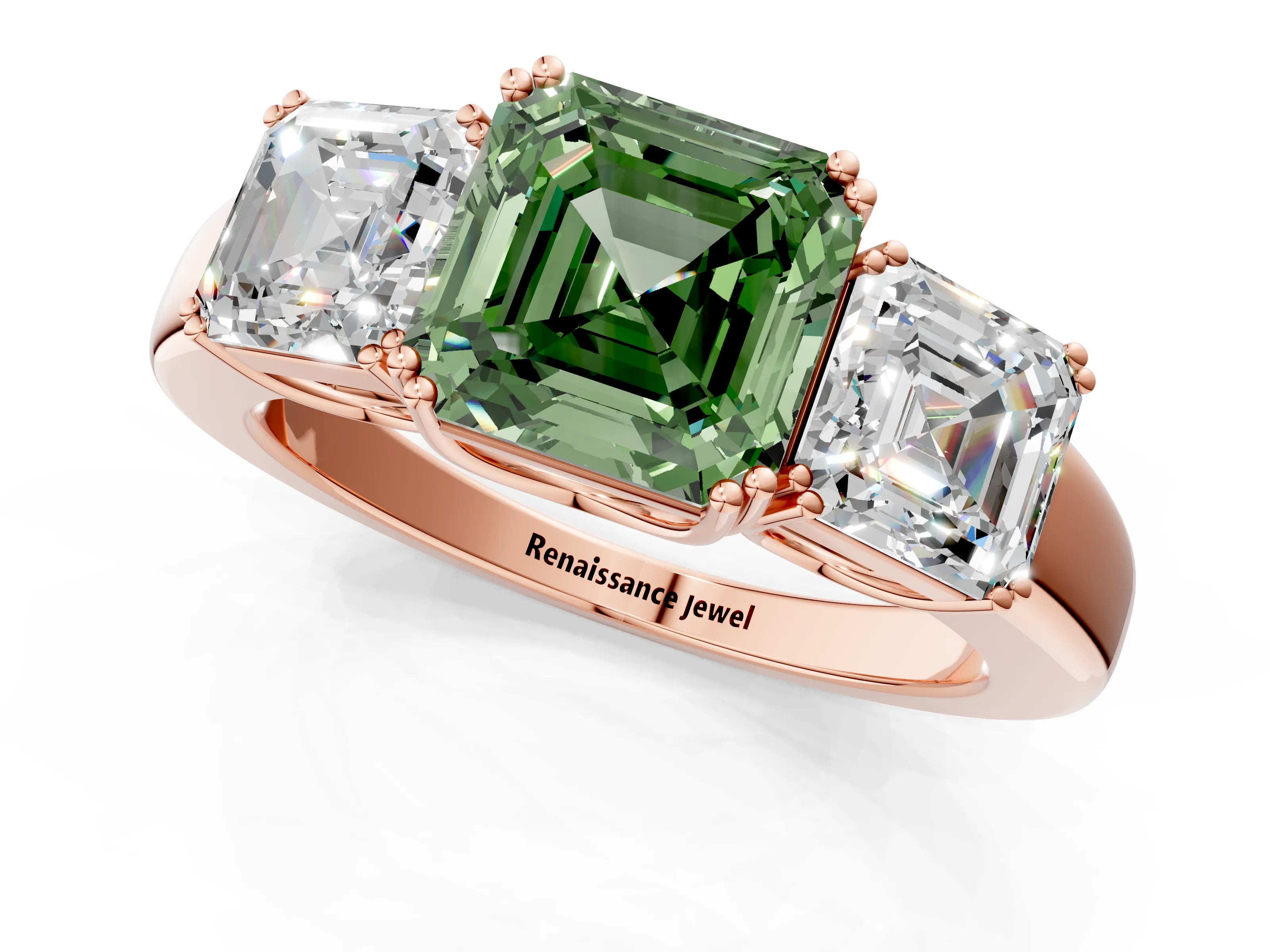 Rose gold Three-Stone Fancy Green Asscher Cut Cut Diamond Ring with Channel Set Band and Four-Prong Setting_1