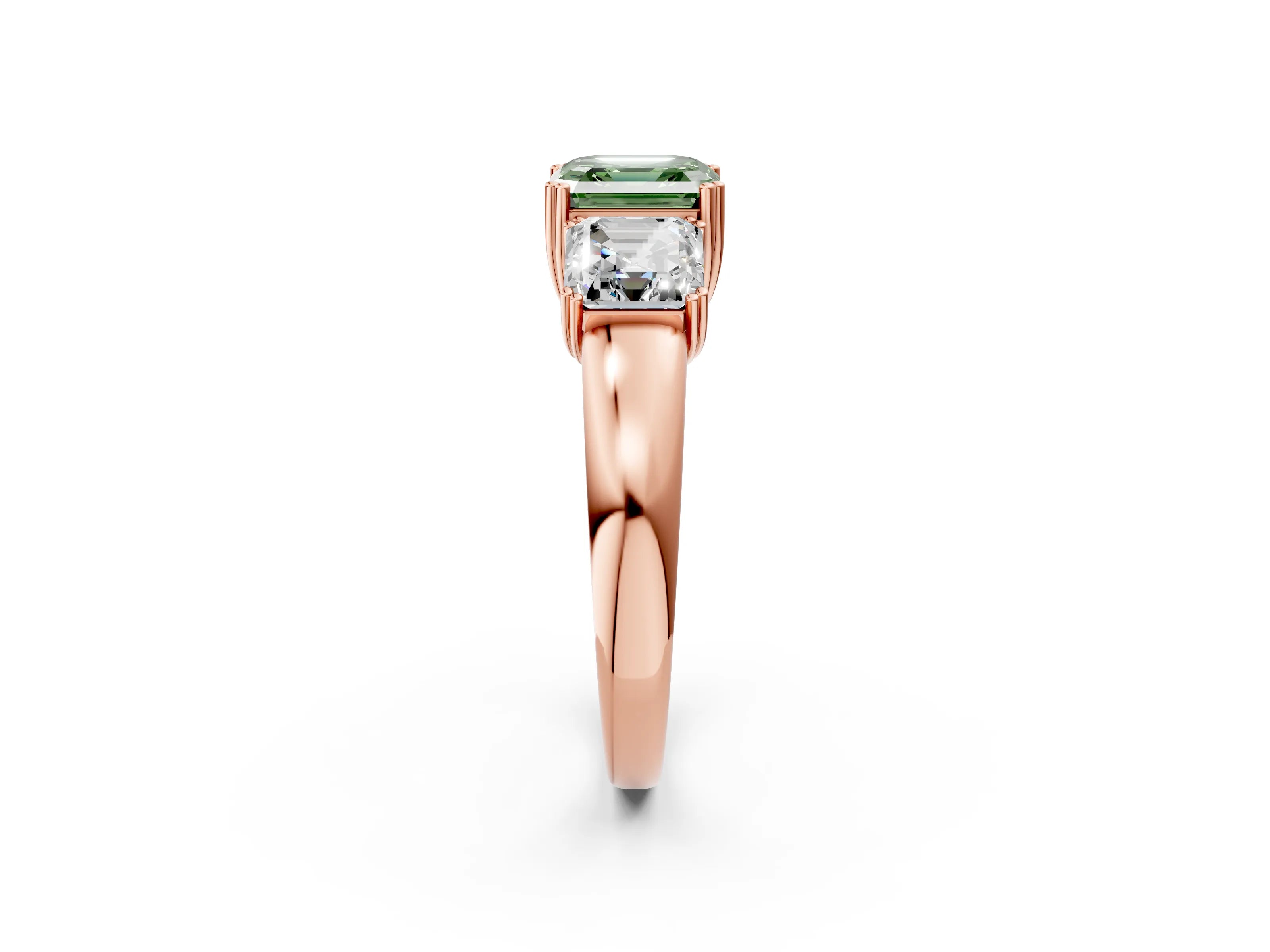 Rose gold Three-Stone Fancy Green Asscher Cut Cut Diamond Ring with Channel Set Band and Four-Prong Setting_2