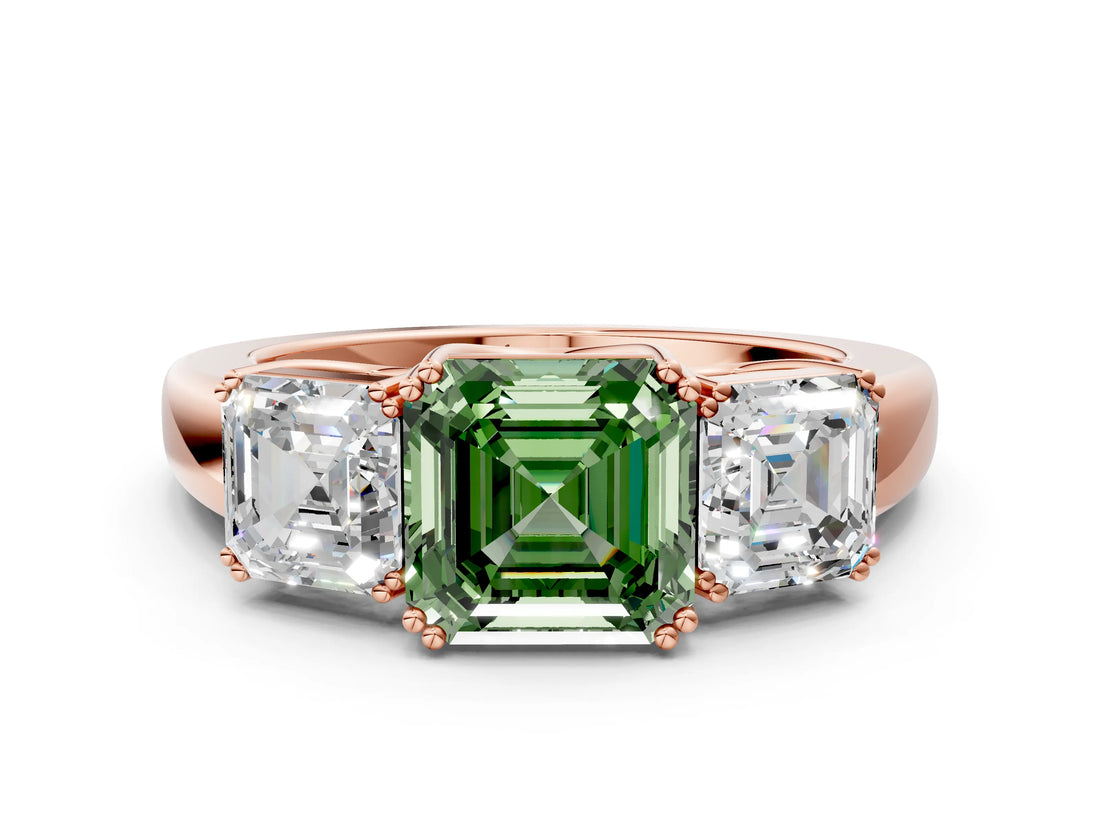 Rose gold Three-Stone Fancy Green Asscher Cut Cut Diamond Ring with Channel Set Band and Four-Prong Setting_25