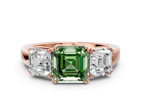 Rose gold Three-Stone Fancy Green Asscher Cut Cut Diamond Ring with Channel Set Band and Four-Prong Setting