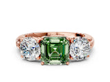 Rose gold Three-Stone Fancy Green Asscher Cut Cut Diamond Ring with Channel-Set Band and Prong Setting