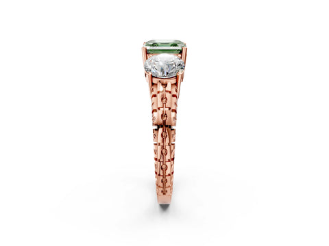 Rose gold Three-Stone Fancy Green Asscher Cut Cut Diamond Ring with Channel-Set Band and Prong Setting_2