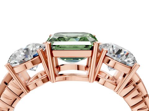 Rose gold Three-Stone Fancy Green Asscher Cut Cut Diamond Ring with Channel-Set Band and Prong Setting_4