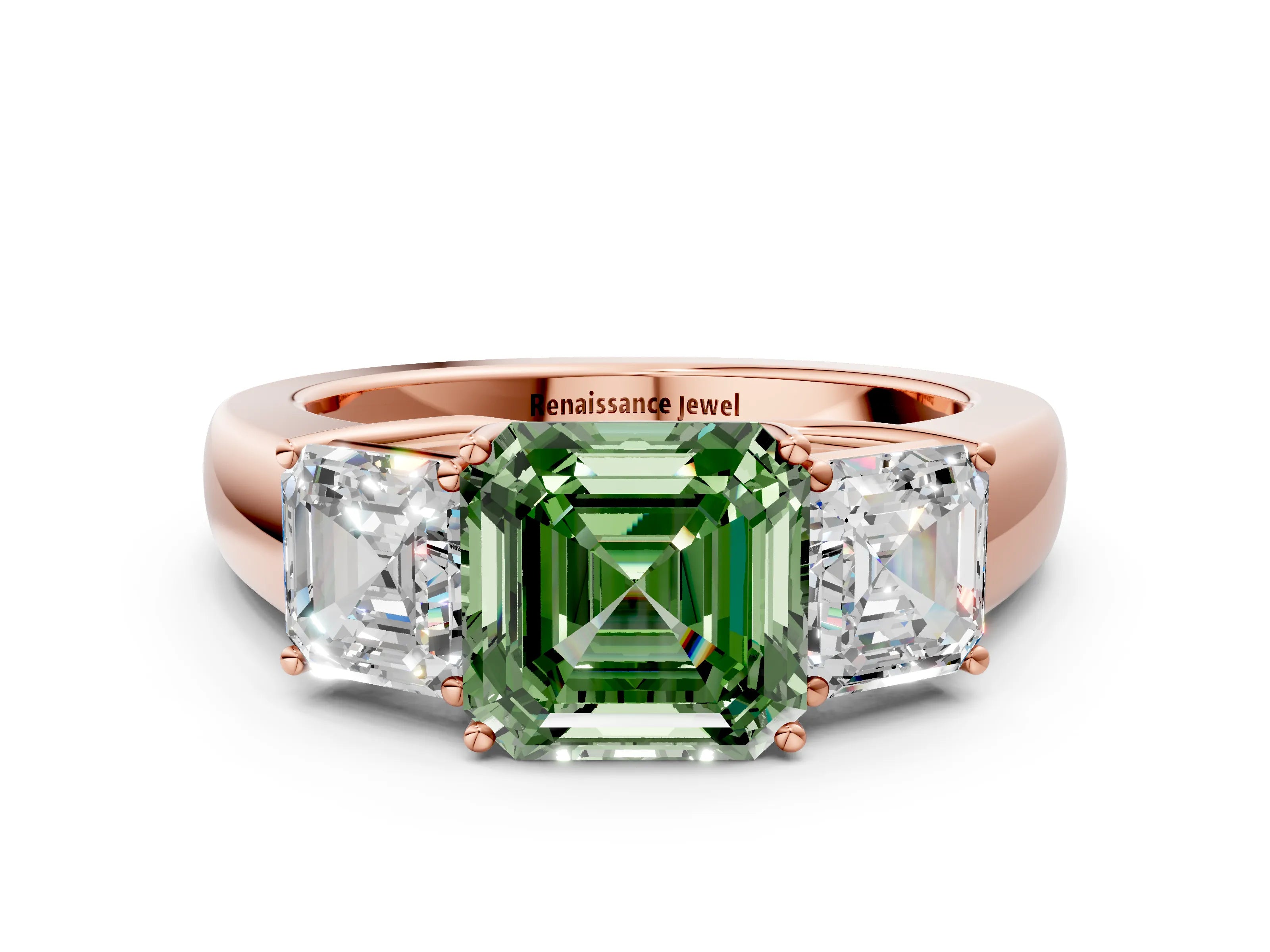 Rose gold Three-Stone Fancy Green Asscher Cut Cut Diamond Ring with Prong Setting and Classic Band