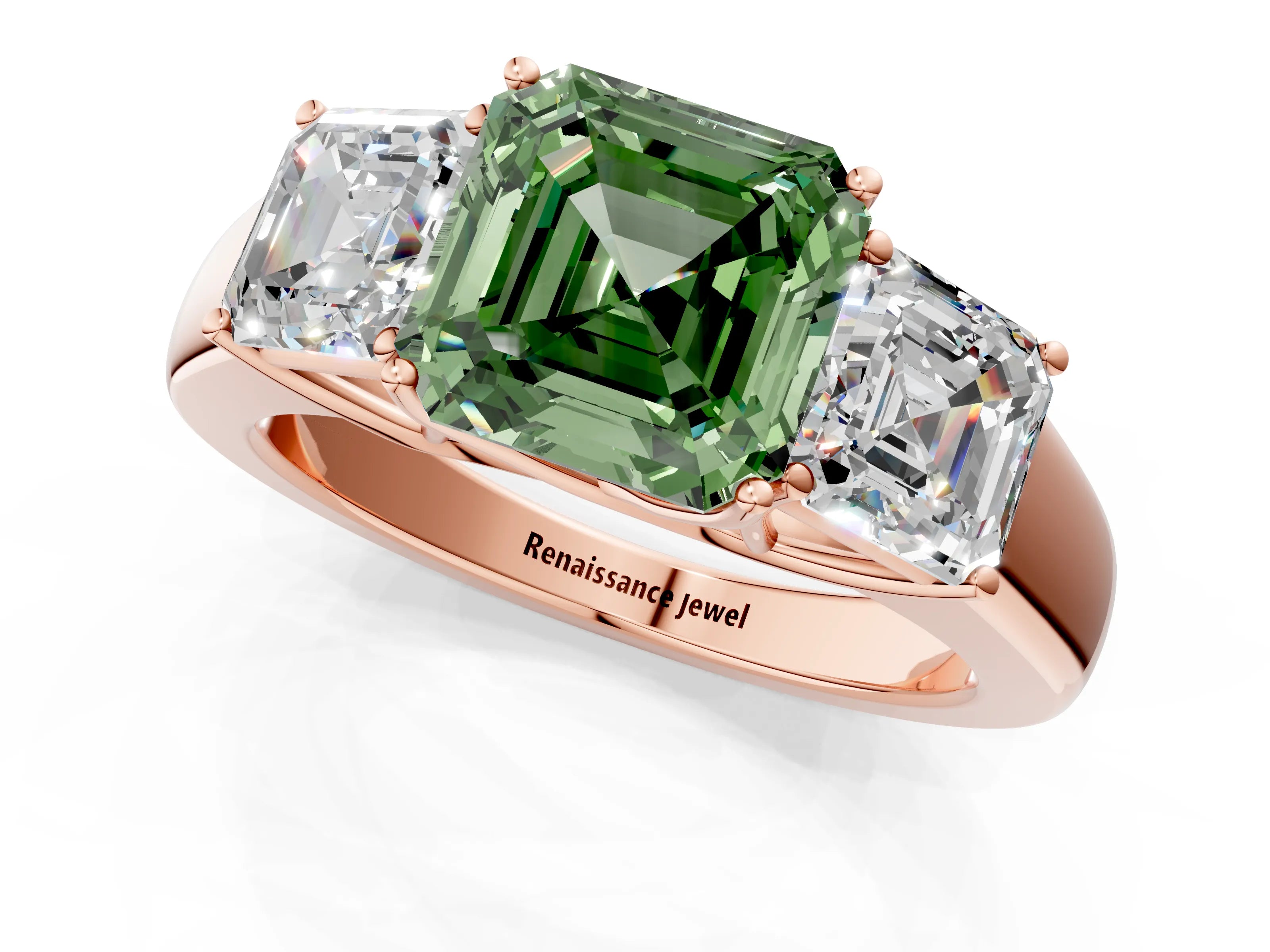 Rose gold Three-Stone Fancy Green Asscher Cut Cut Diamond Ring with Prong Setting and Classic Band_1
