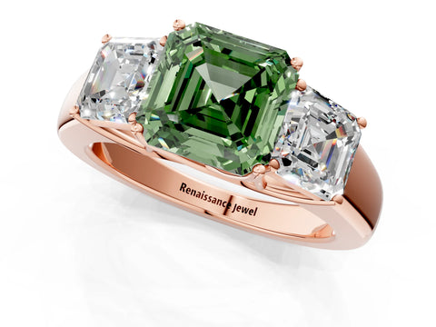 Rose gold Three-Stone Fancy Green Asscher Cut Cut Diamond Ring with Prong Setting and Classic Band_1
