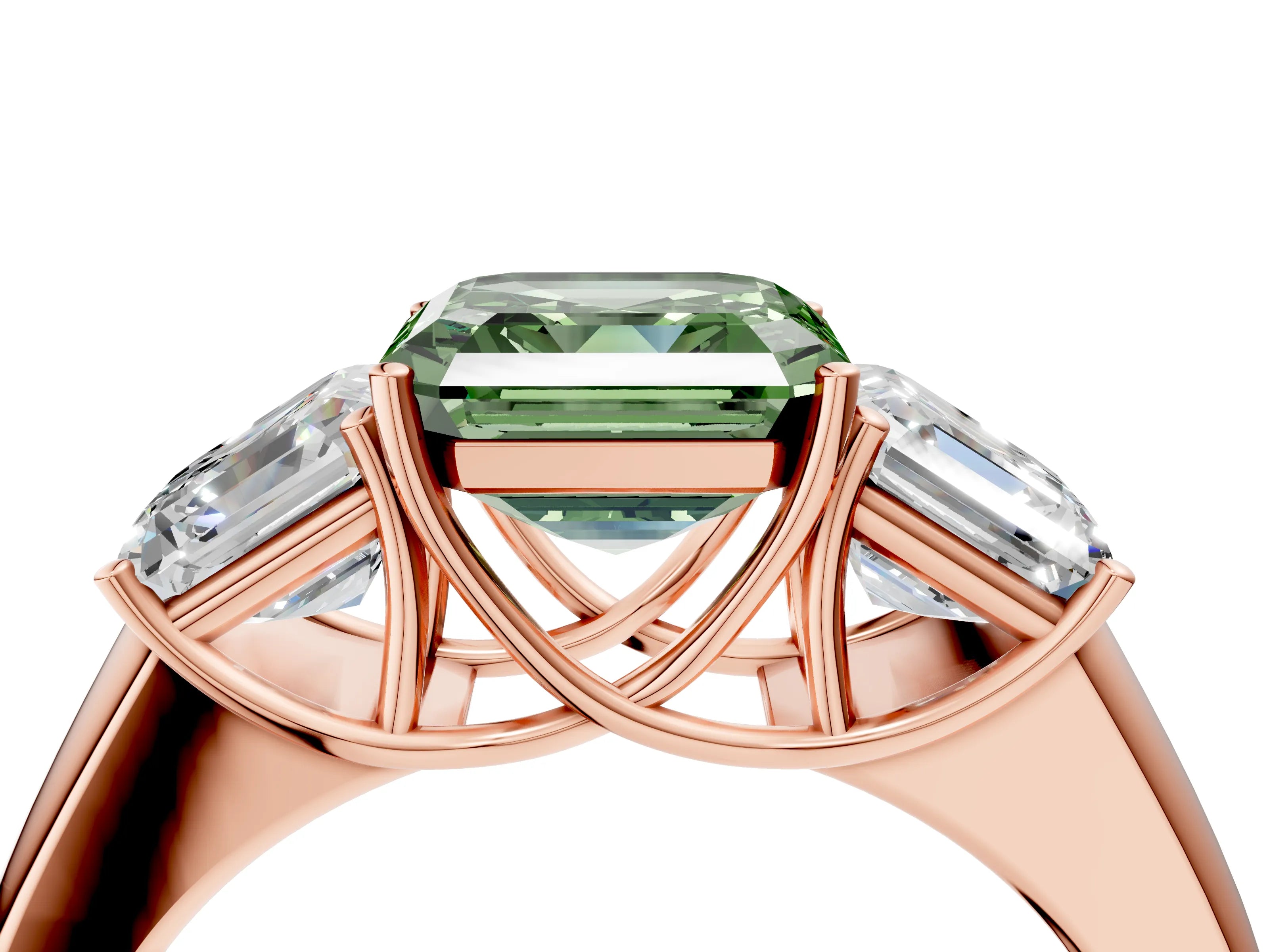 Rose gold Three-Stone Fancy Green Asscher Cut Cut Diamond Ring with Prong Setting and Classic Band_4